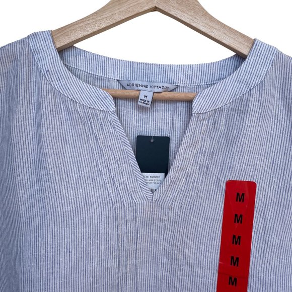 Adrienne Vittadini 100% Linen Blue White Striped Chambray Cap Sleeve Top Size M - Picture 7 of 14
